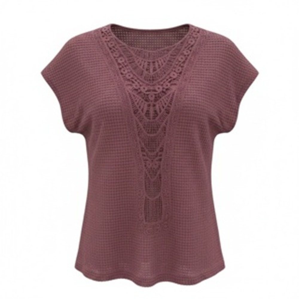 Womens Mauve Crochet Lace Bib Waffle Knit Short Sleeve Top Size S
